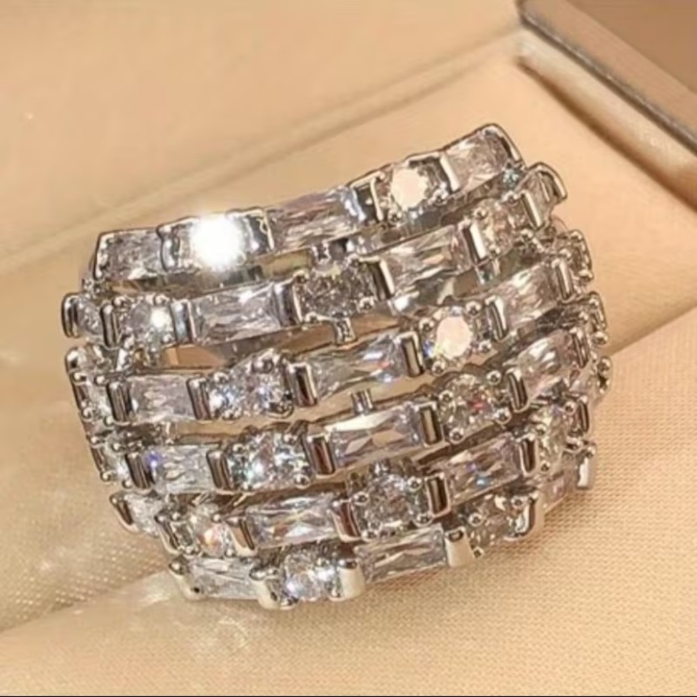 Neiman Marcus Silver-Tone Multi-Row Crystal Statement Ring - White